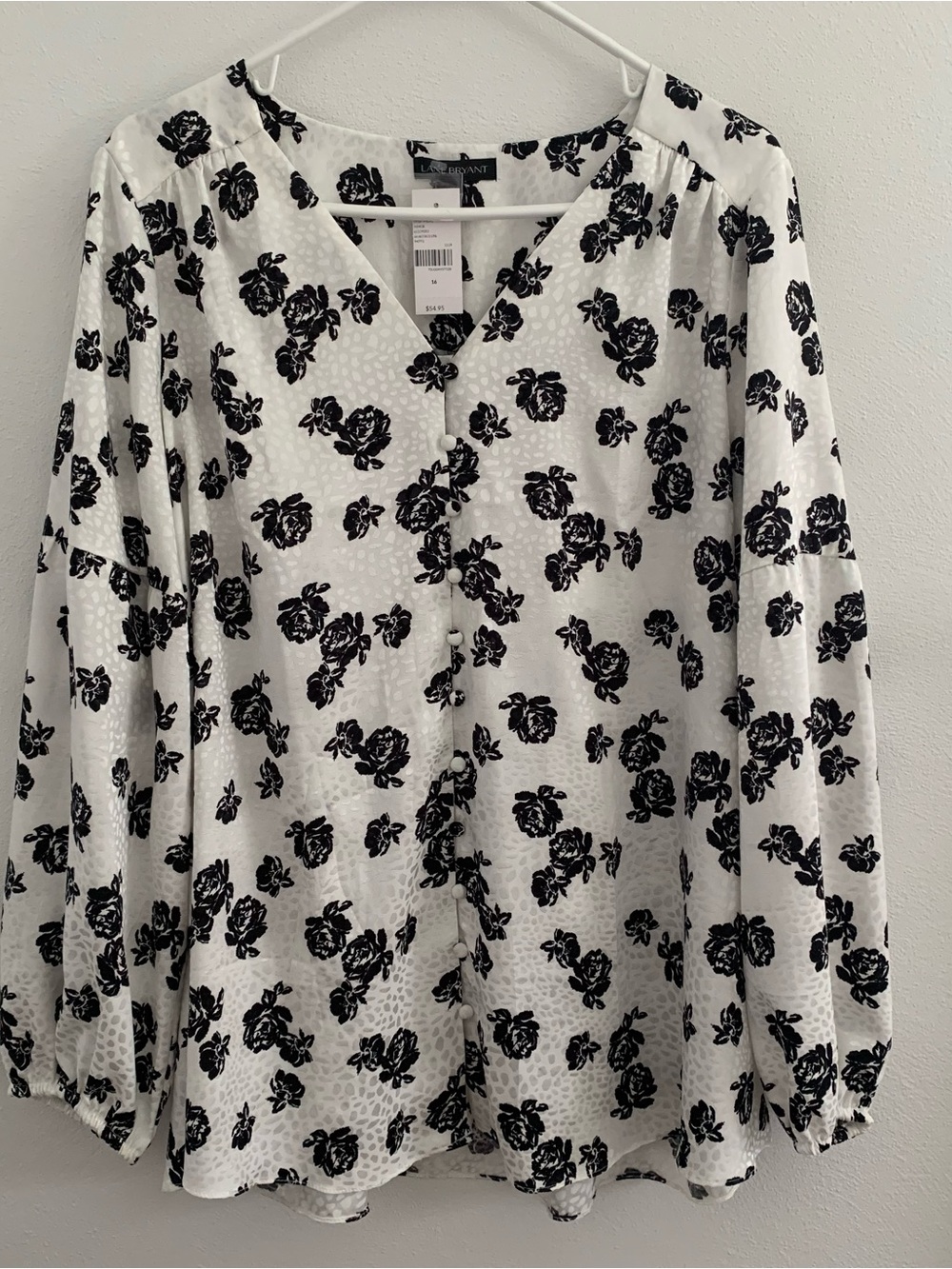 Lane Bryant White and Black Rose Floral Print Blouse